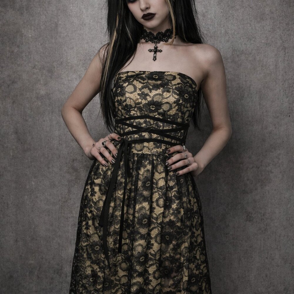 VTG Y2K Lace Gothic Corset Velvet Tie Ribbon Dress 4 Sheer Whimsigoth Nude Black
